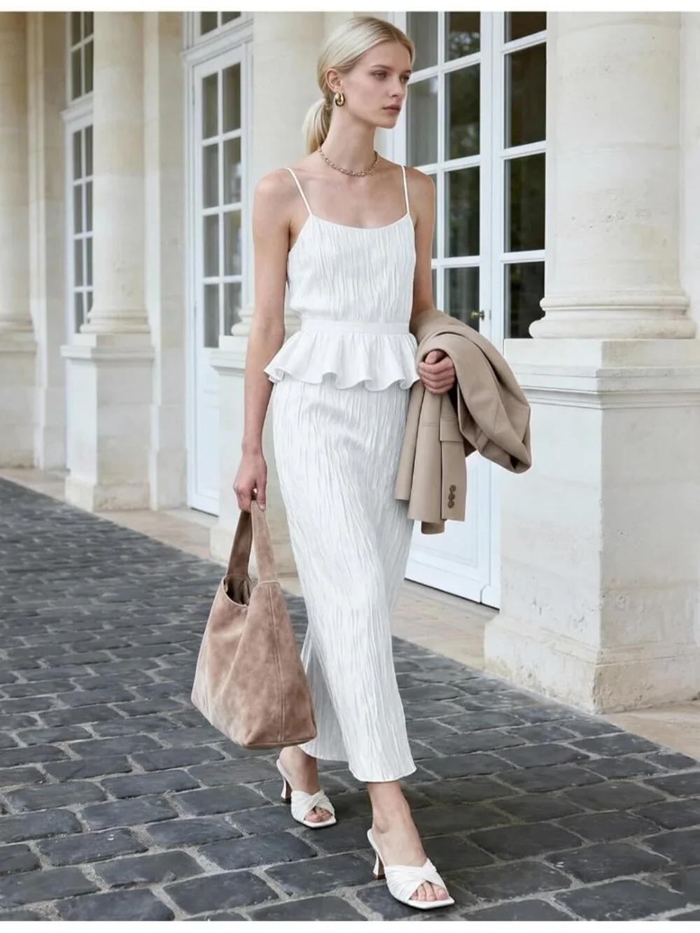 Women's White Mid Square Toe Heeled Slip On Rubber Sandals Shoes